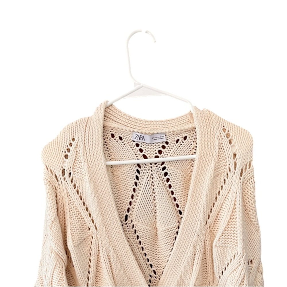 Zara Diamond Knit Cardigan Chunky Slouchy Oversized Neutral Cream Sweater S - Picture 4 of 12